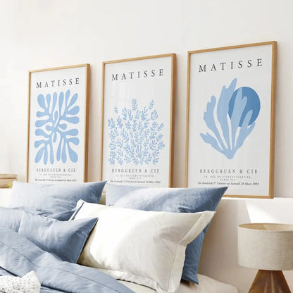 Light blue abstract wall art set of 3 exhibition prints