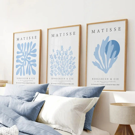 Light blue abstract wall art set of 3 exhibition prints