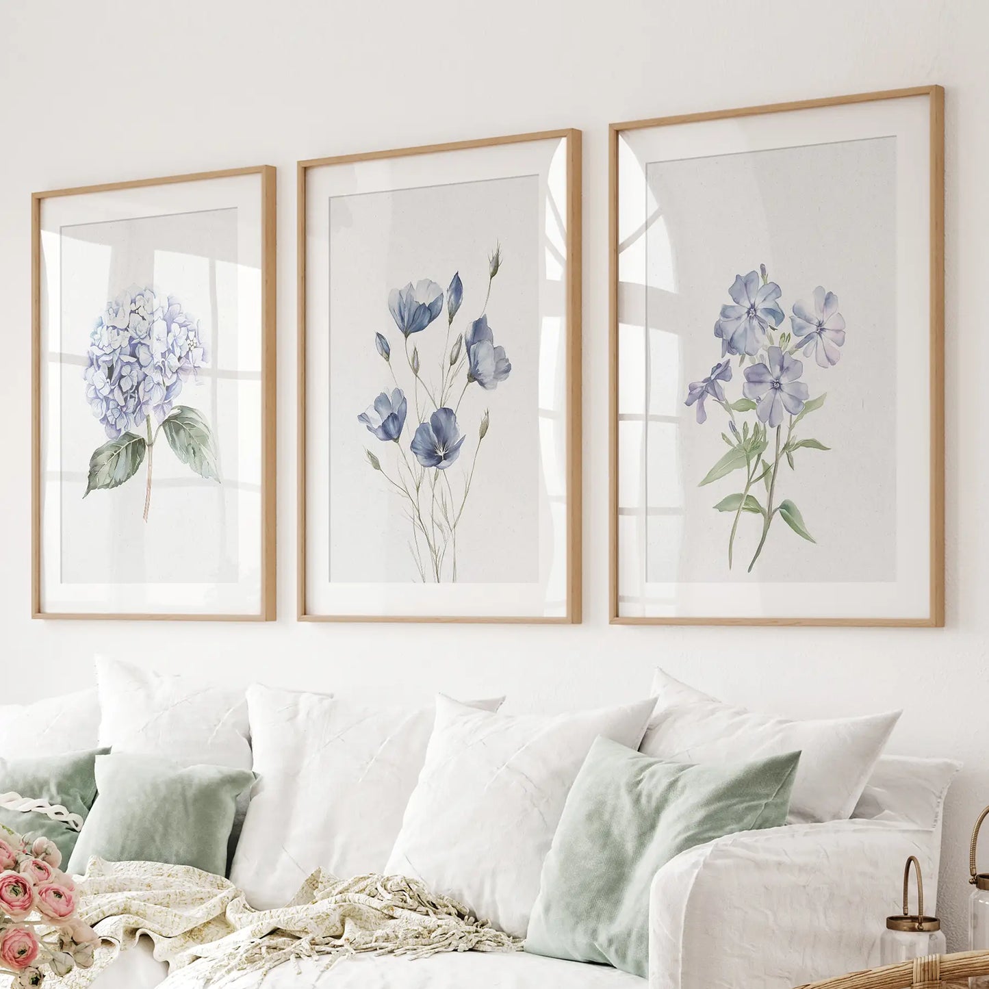 Watercolor Blue Flowers Wall Art Set of 3 Piece