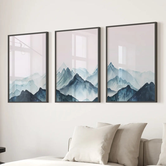 Modern blue mountain landscape wall art set of 3 prints