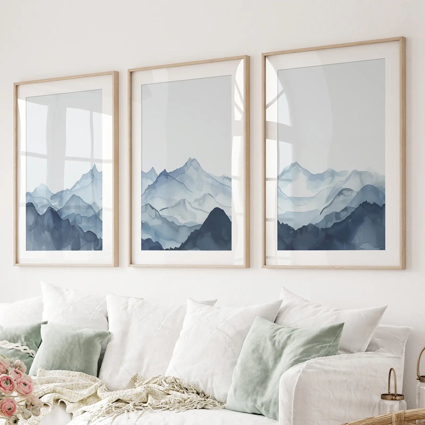 Blue Watercolor Mountain Wall Art Set of 3 Prints