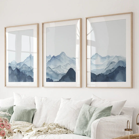 Blue Watercolor Mountain Wall Art Set of 3 Prints