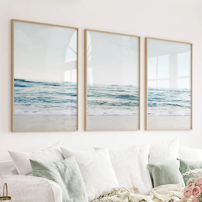 Minimalist blue waves wall art set of 3 with sandy beach, coastal decor