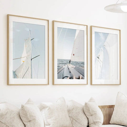 Set of 3 nautical sailing wall art prints with yacht sails at sea