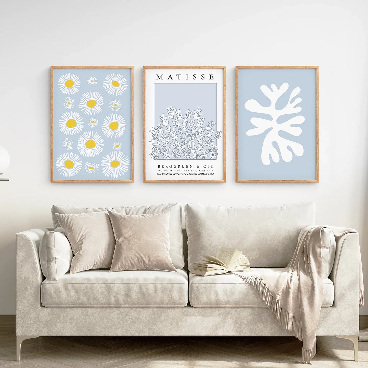 Blue Abstract Wall Art Set of 3, Leaf and Cut-Out Prints