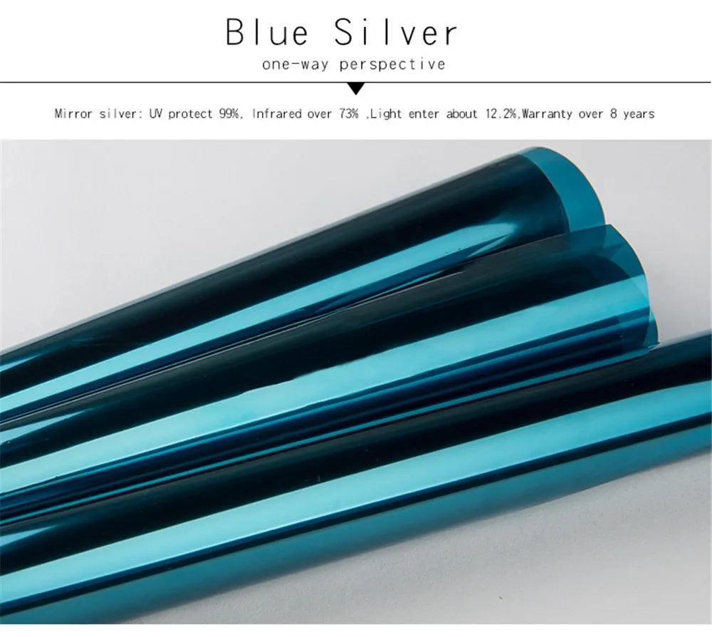 Blue Silver One way mirror film specifications showing UV protection and infrared and light blocking percent blocking heat reduction