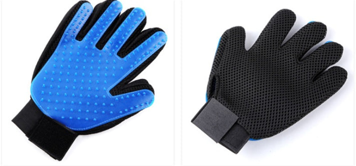 Blue and black pet grooming glove with breathable mesh backing