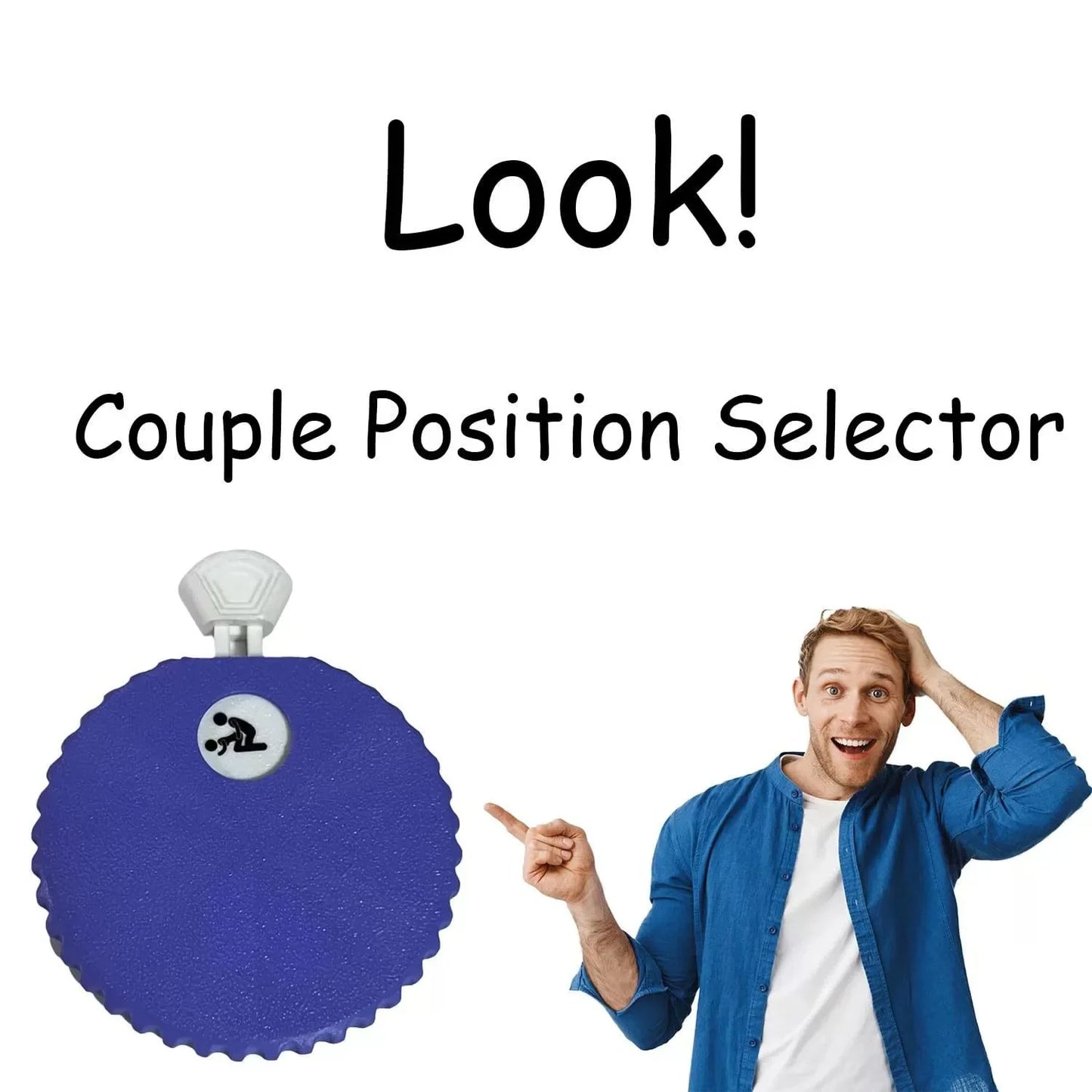 Blue device labeled 'Couple Position Selector' with a man pointing at it on a white background.