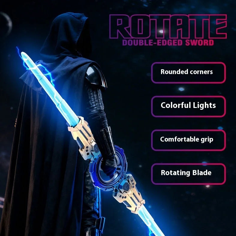 
Blue illuminated rotating double-edged sword toy featuring colorful lights and comfortable grip handle