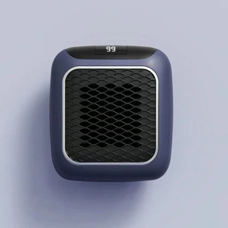 Blue mini fan heater with digital temperature display and black front grille