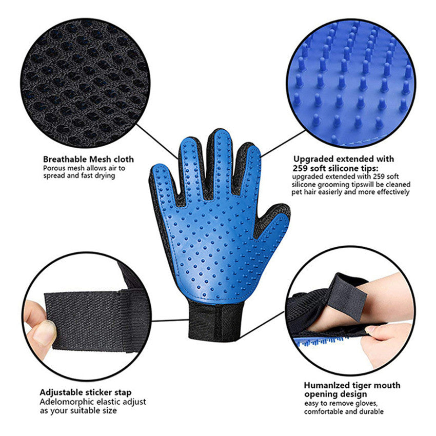 Blue pet grooming glove showing soft rubber nodules and adjustable velcro strap
