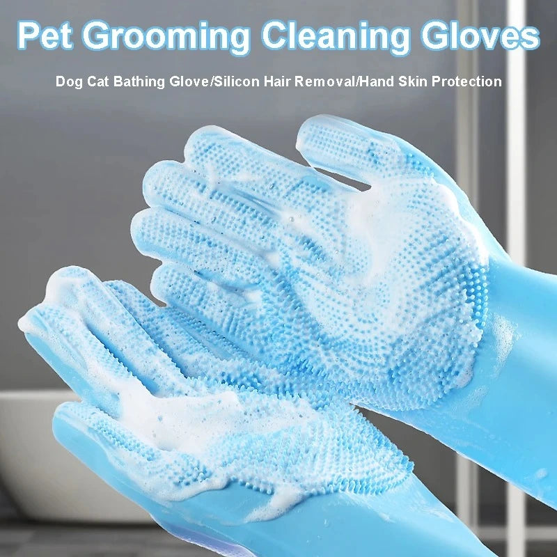 Blue pet washing gloves with bristles for hair removal and skin protection