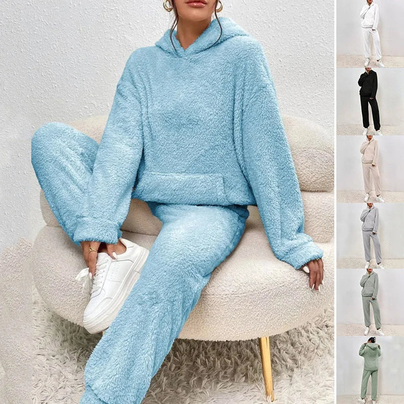 Blue plush pajama set women's showing color options white black apricot grey