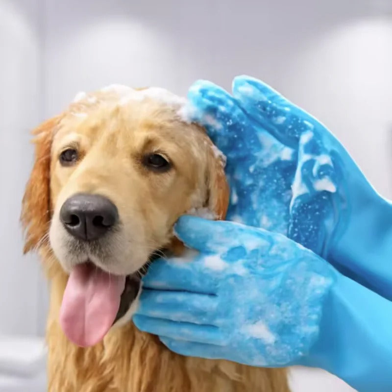 Blue silicone dog grooming gloves with soft bristles for bathing dogs and cats