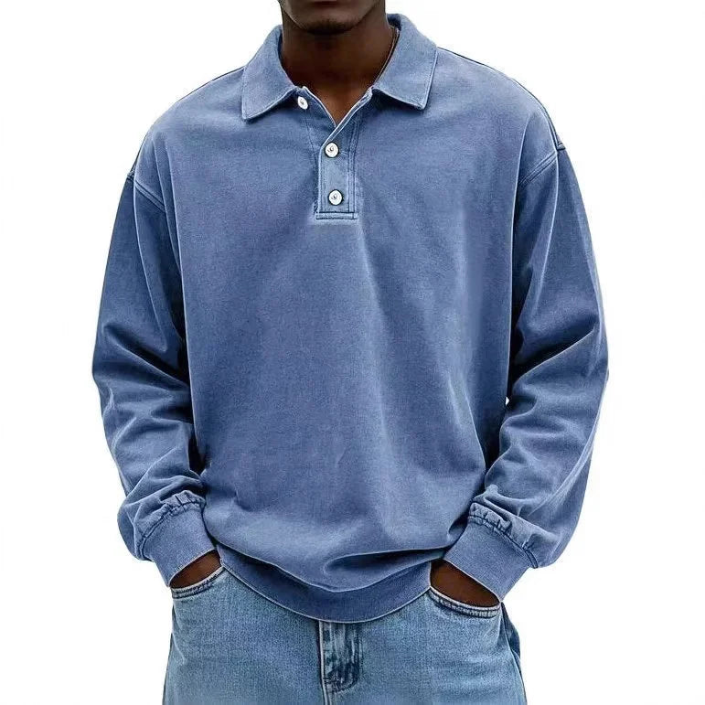 Blue vintage-wash polo sweatshirt for men styled simply with jeans