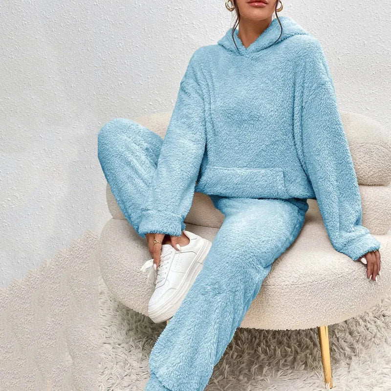 Blue women's winter plush pajama set cozy hooded loungewear with pocket
