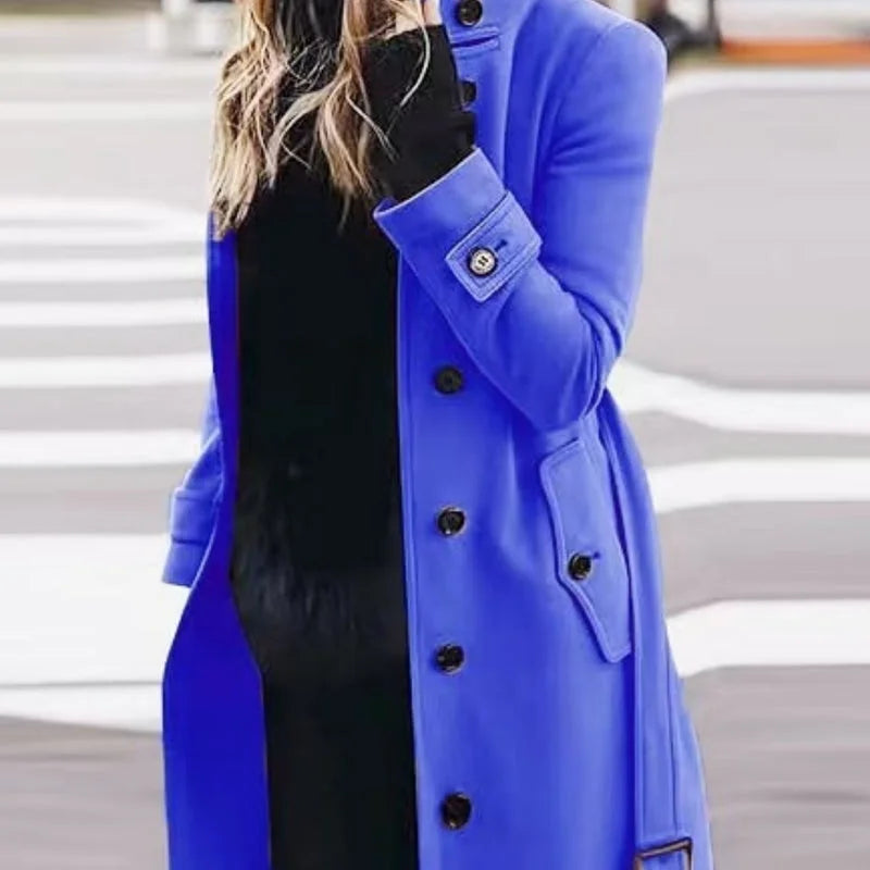 Blue women's woolen coat slim fit with high collar and front pockets