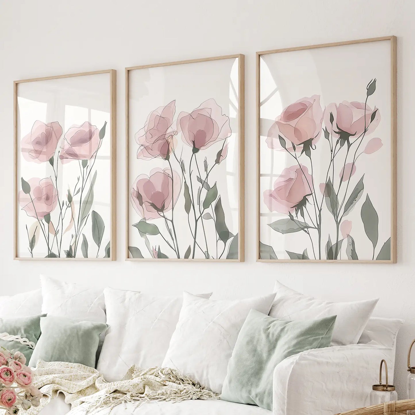 Blush Pink Watercolor Flowers Wall Art Set of 3