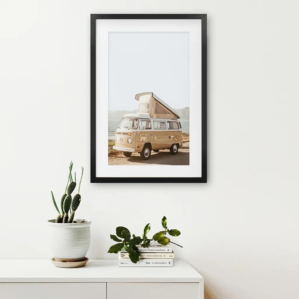 Yellow Vintage Hipster Van Print - Summer Coastal Travel Art