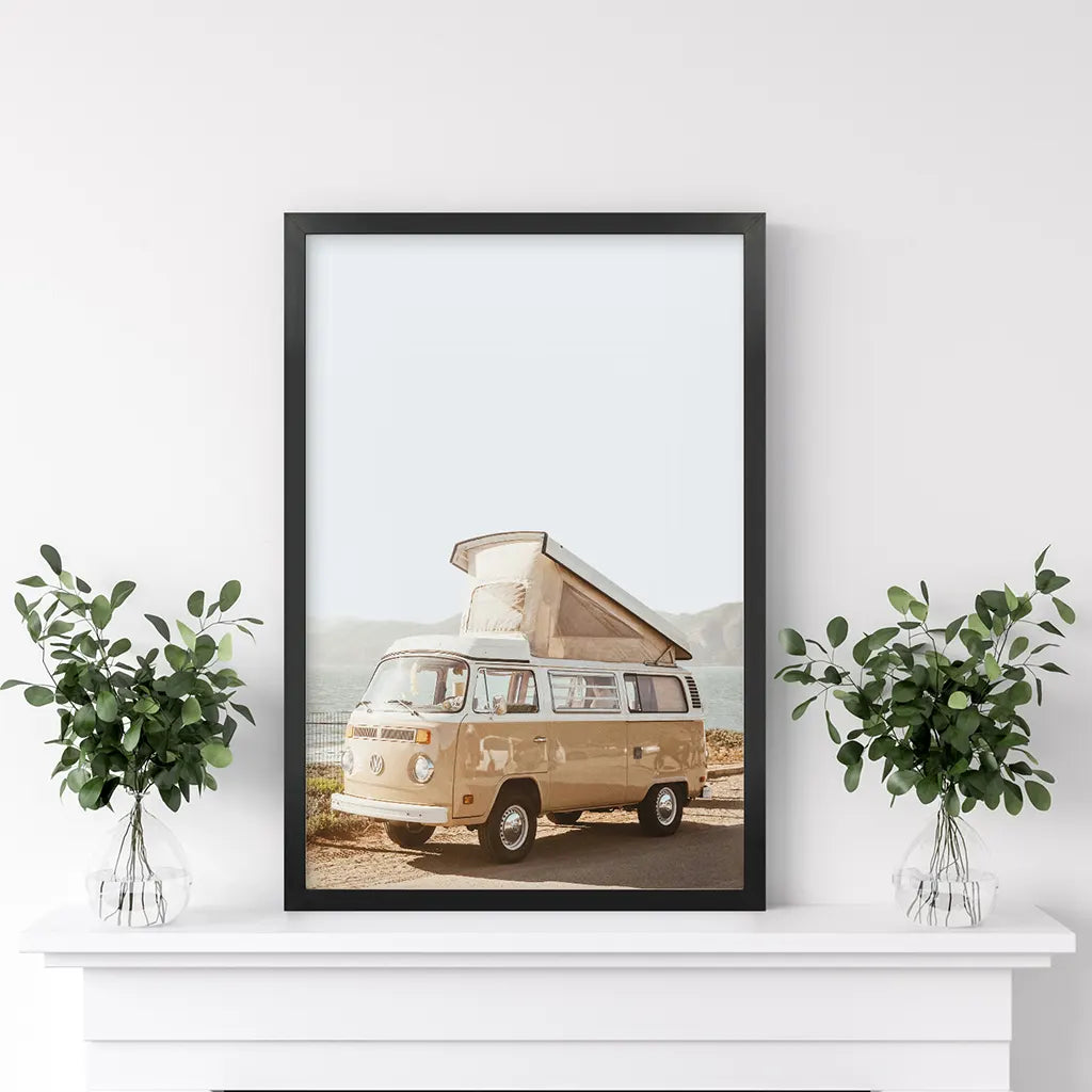 Yellow Vintage Hipster Van Print - Summer Coastal Travel Art
