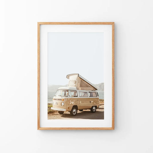 Yellow vintage hipster van summer coastal travel wall art print