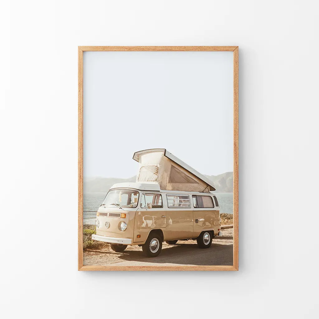 Yellow Vintage Hipster Van Print - Summer Coastal Travel Art