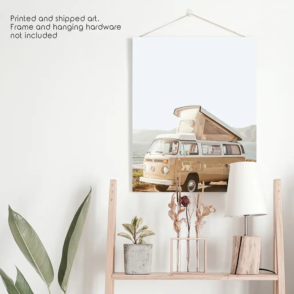Yellow Vintage Hipster Van Print - Summer Coastal Travel Art
