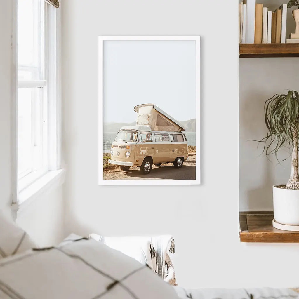 Yellow Vintage Hipster Van Print - Summer Coastal Travel Art