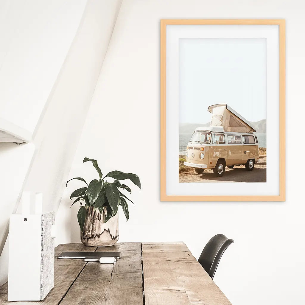 Yellow Vintage Hipster Van Print - Summer Coastal Travel Art