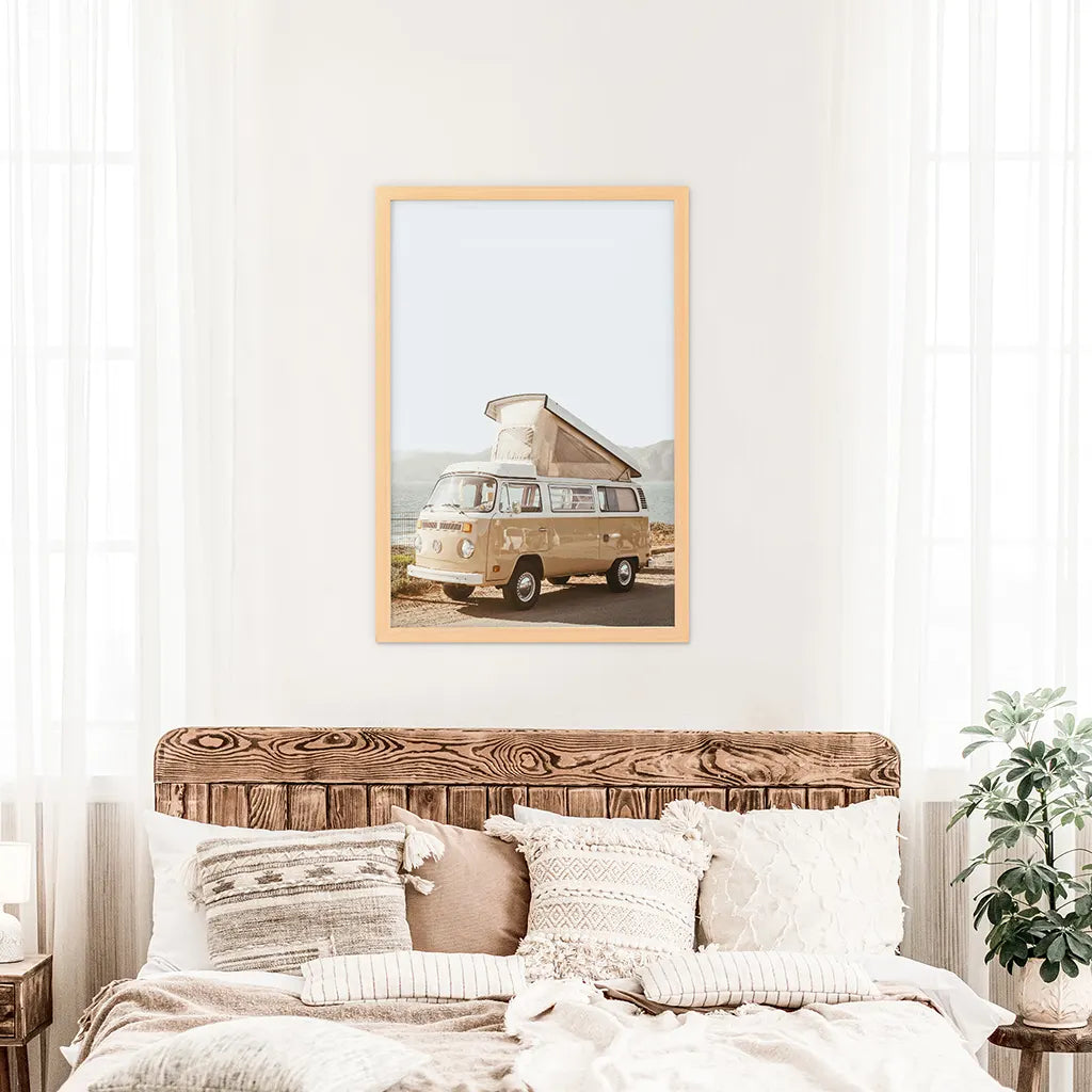 Yellow Vintage Hipster Van Print - Summer Coastal Travel Art