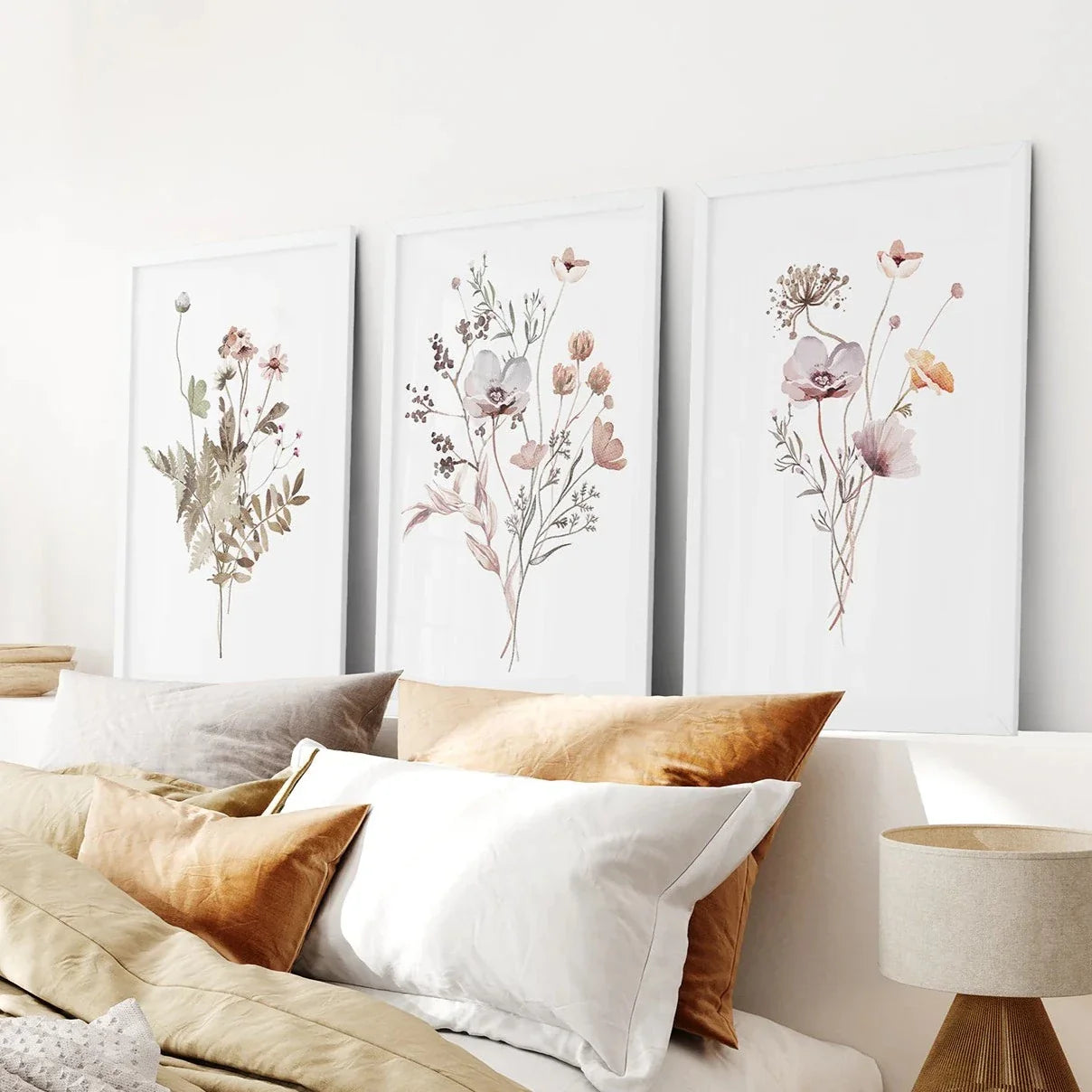 Beige and purple watercolor wildflower boho wall art set of 3 prints