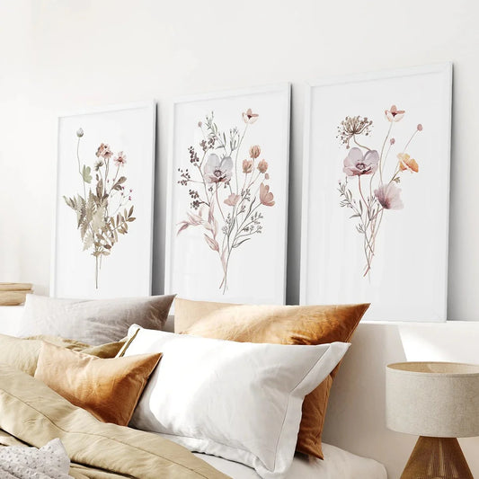 Beige and purple watercolor wildflower boho wall art set of 3 prints