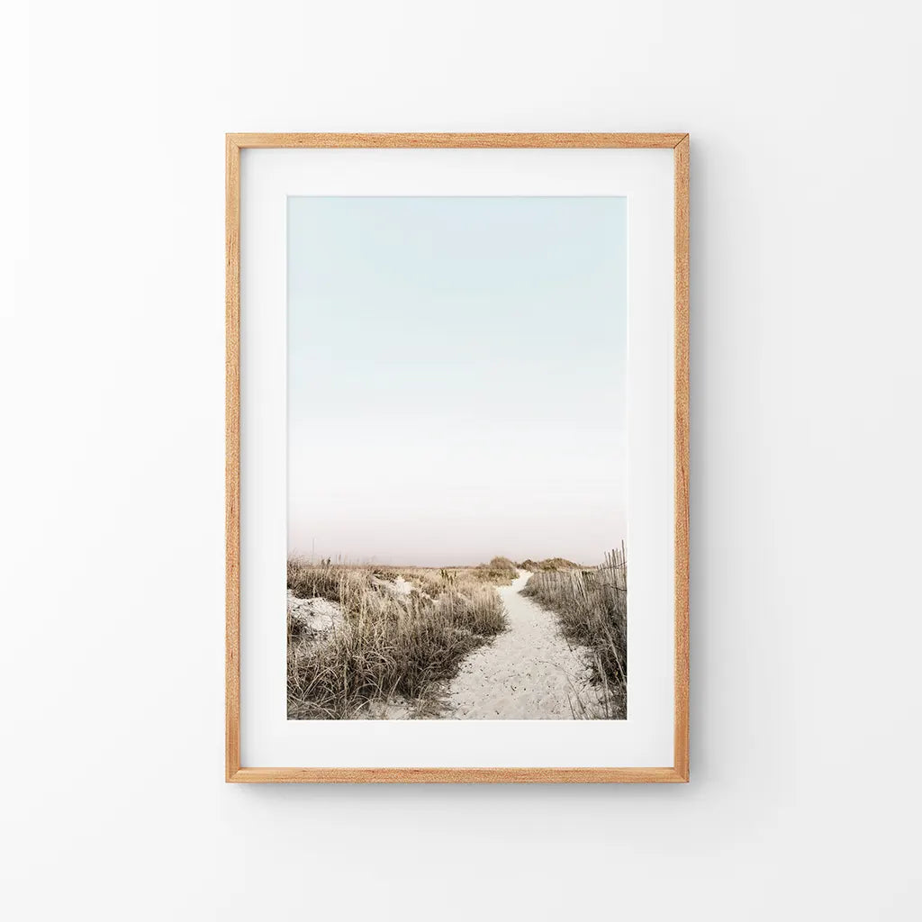 Boho chic sandy beach path dried grass wall art print