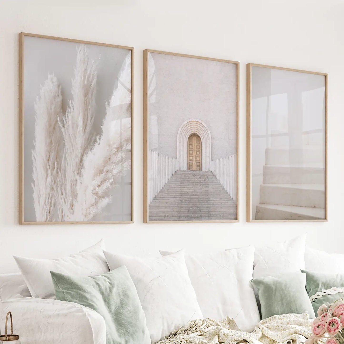 Set of 3 contemporary boho wall art prints with pampas grass stairs and door
