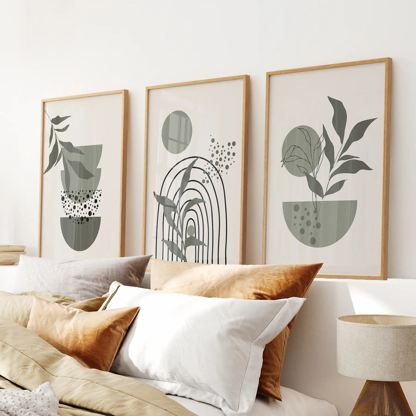 Boho green mid-century abstract wall art set of 3 prints