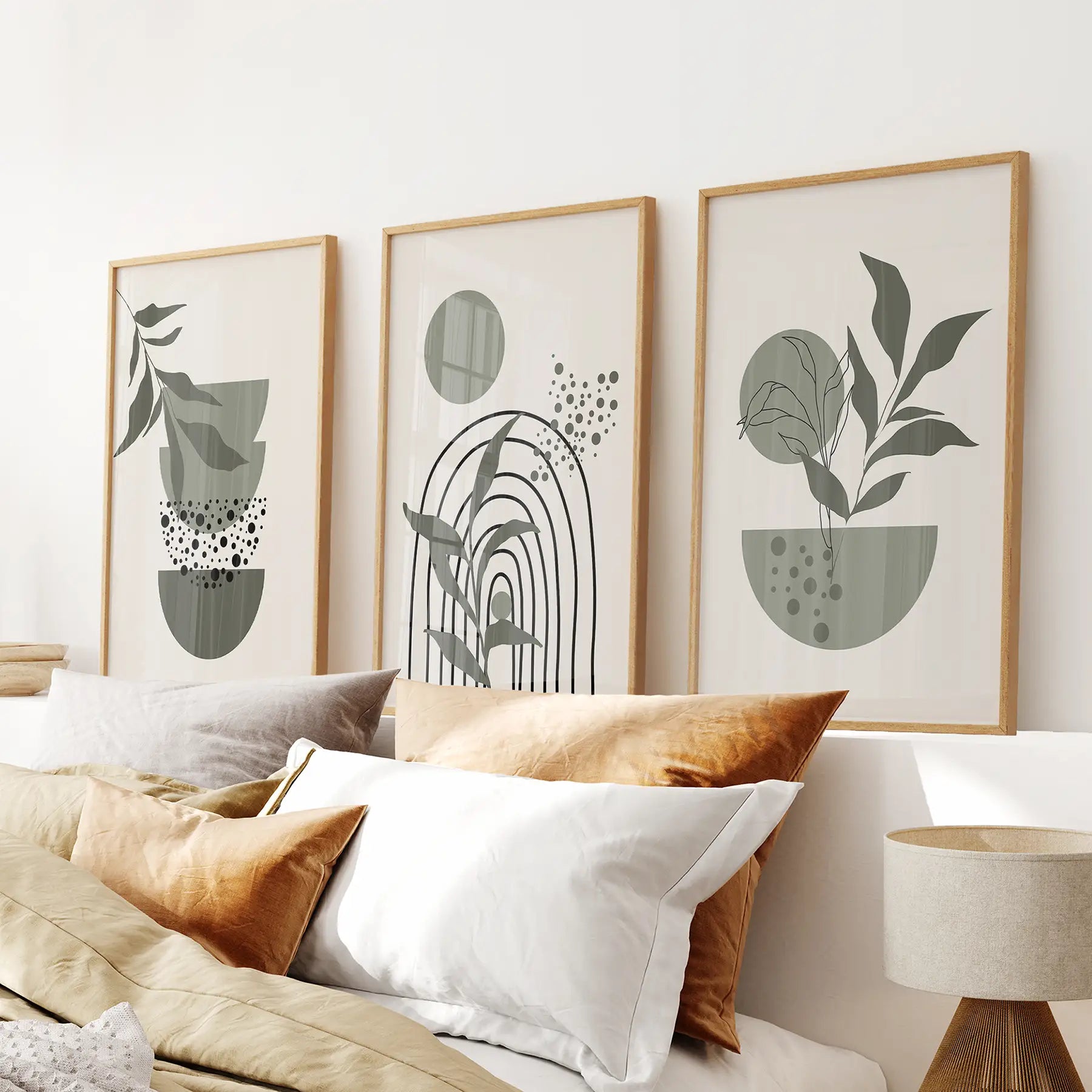 Boho green mid-century abstract wall art set of 3 prints