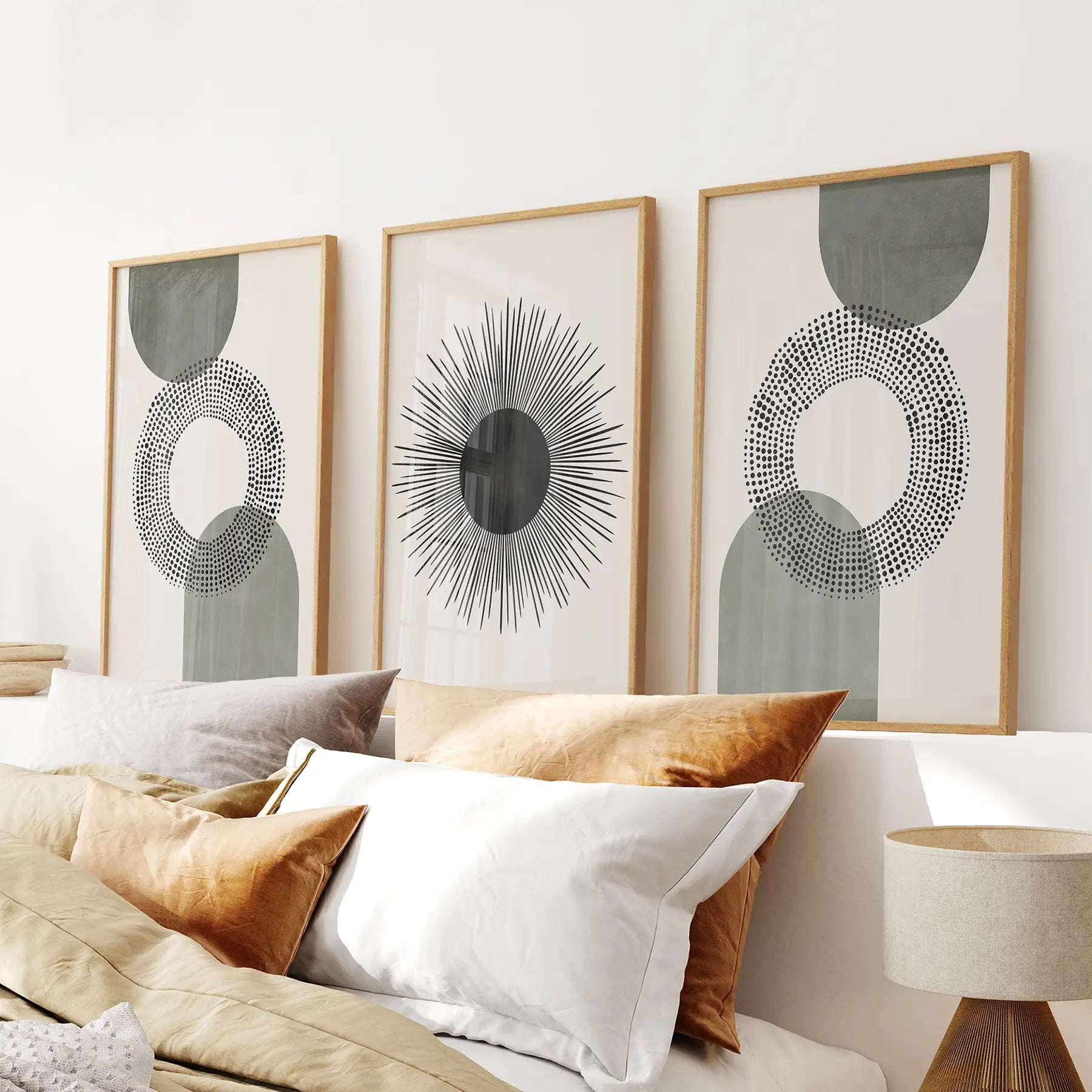 Set of 3 boho sage green mid century wall art prints