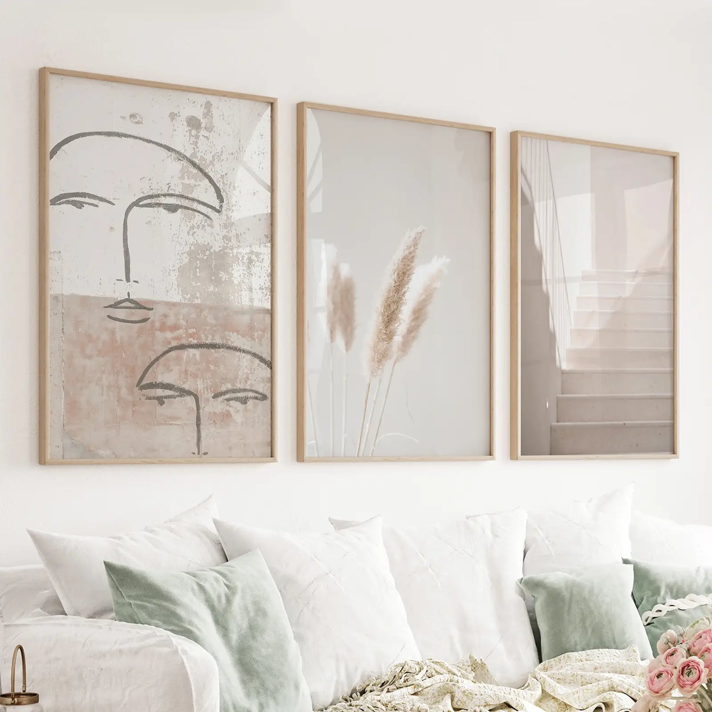 Set of 3 boho minimalist wall art prints with abstract faces grass and stairs