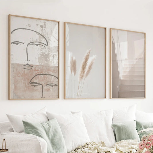 Set of 3 boho minimalist wall art prints with abstract faces grass and stairs