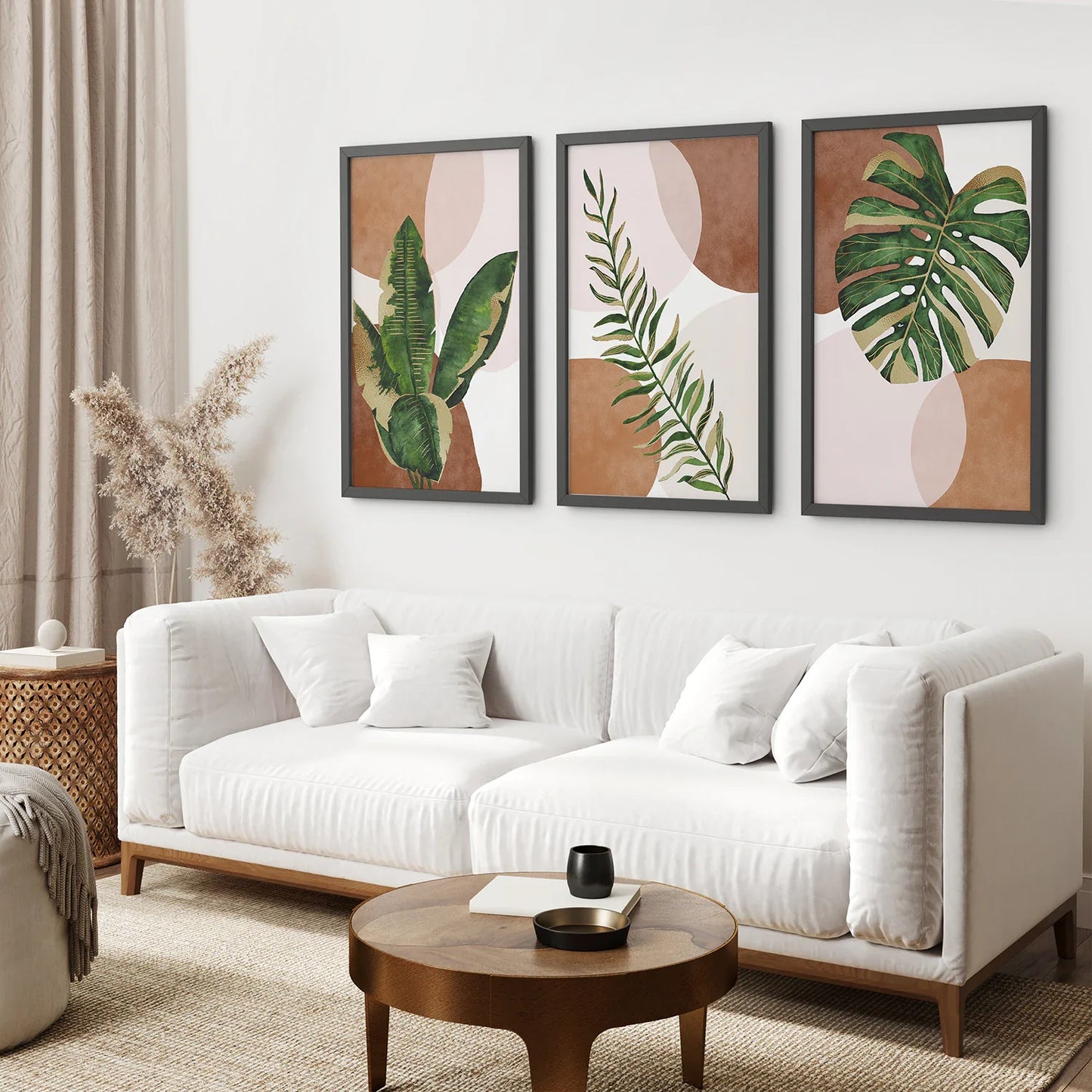 Terracotta Boho Wall Art Set of 3, Green Tropical Leaves