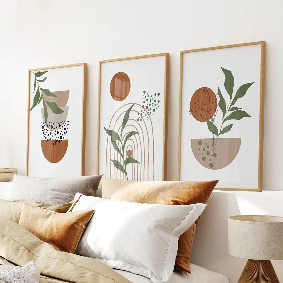 Abstract green leaves boho wall art set of 3 prints in earth tones