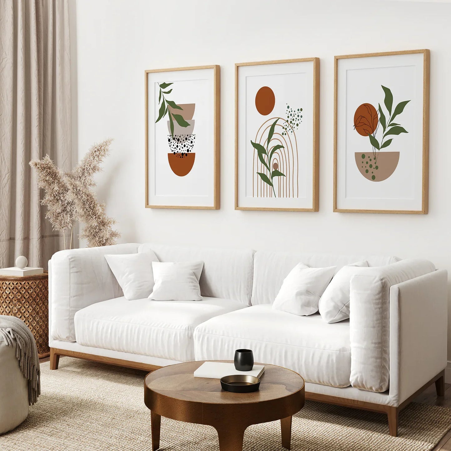 Abstract Green Leaves Wall Art Set of 3, Earth Tones