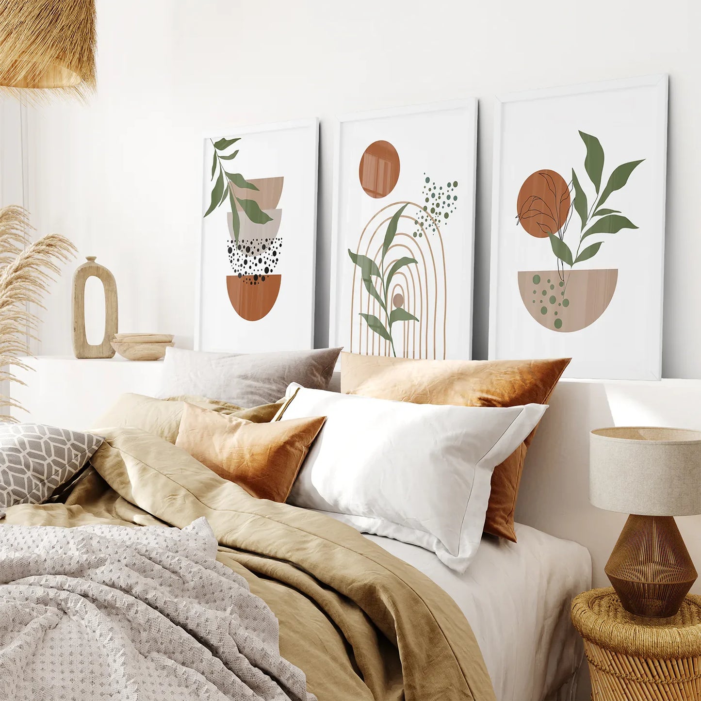 Abstract Green Leaves Wall Art Set of 3, Earth Tones
