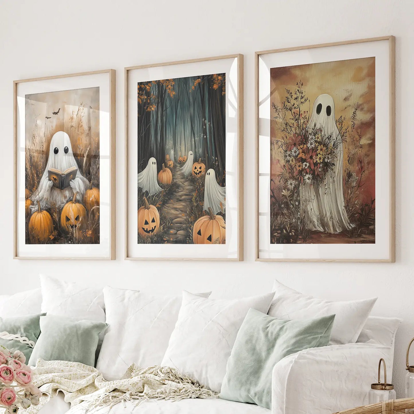Spooky ghosts Halloween wall art set of 3 prints with pumpkins