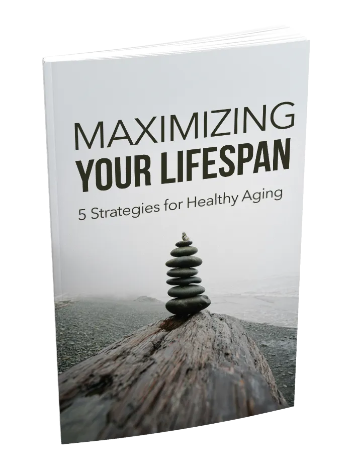 Book cover titled 'Maximizing Your Lifespan: 5 Strategies for Healthy Aging' with a stack of stones on a beach.