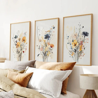 Neutral wildflower wall art set of 3 watercolor prints