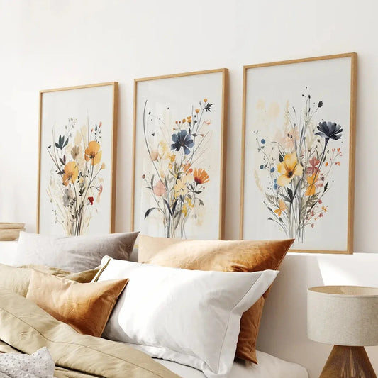 Neutral wildflower wall art set of 3 watercolor prints