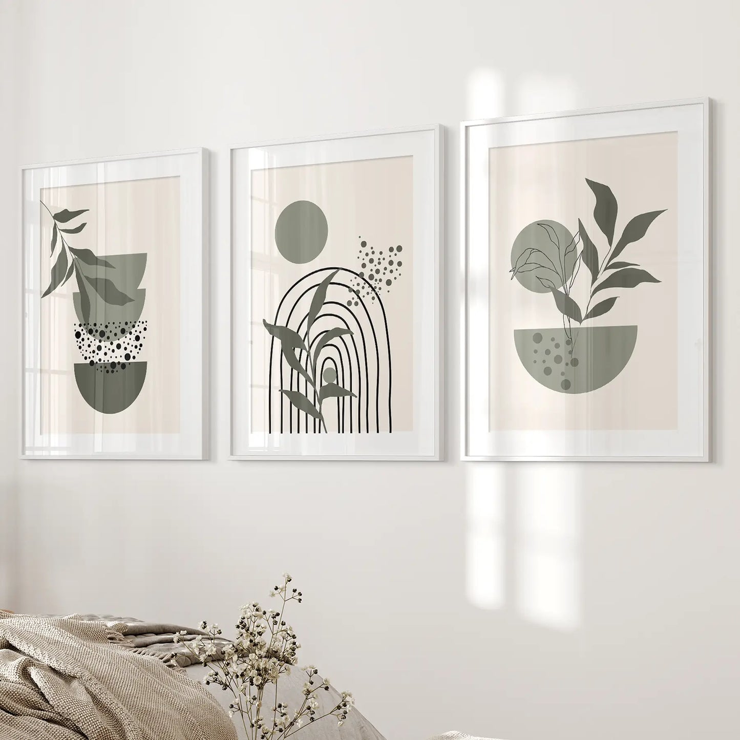 Boho Green Mid-Century Abstract Wall Art Set of 3