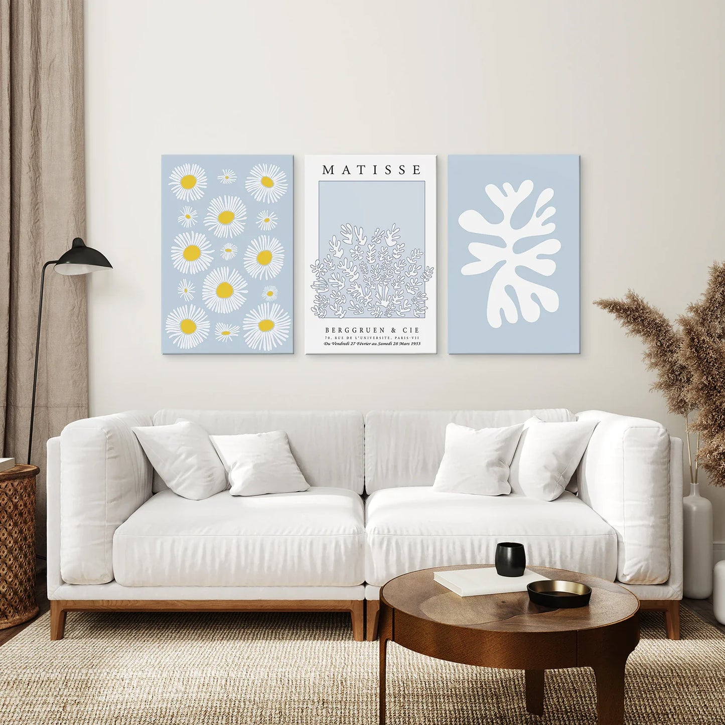 Blue Abstract Wall Art Set of 3, Leaf and Cut-Out Prints