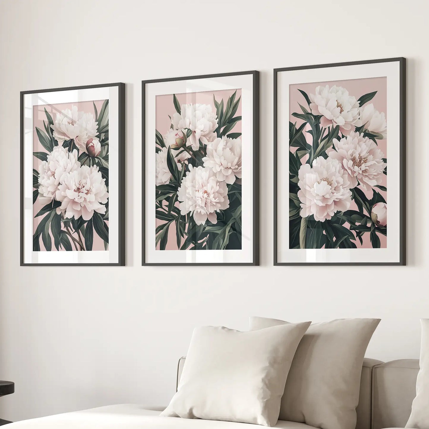 Peonies Flowers Wall Art Set of 3 Pink Green Prints
